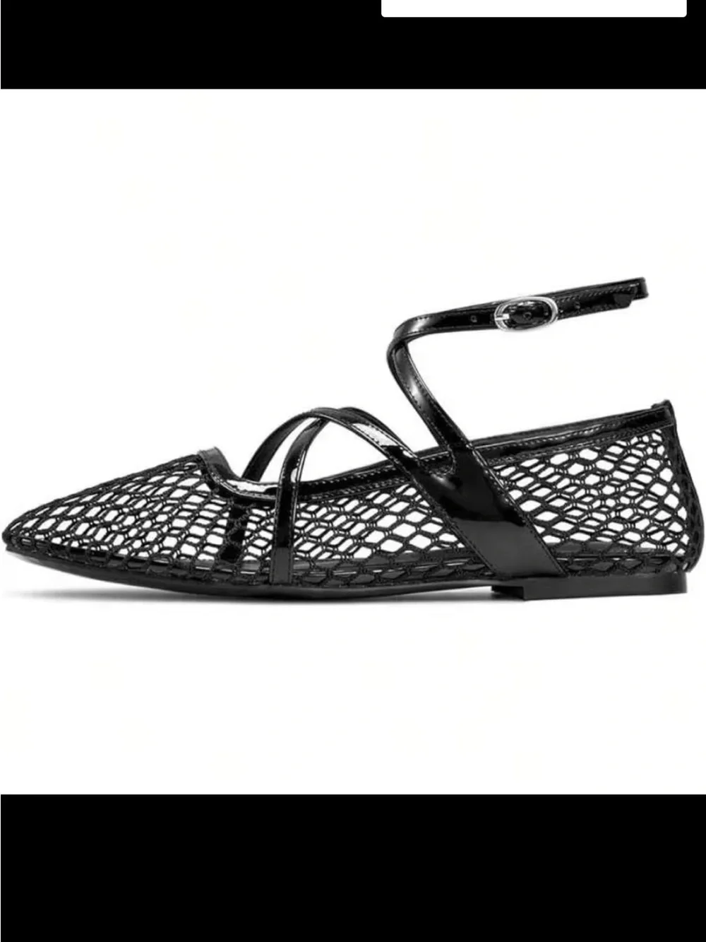 WetKiss Black Mesh Pointed Ballet Flats with Ankle Strap